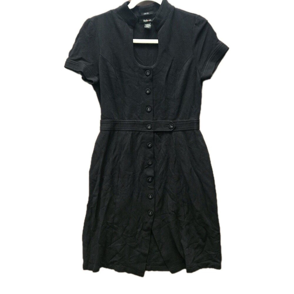 Style & Co Women's Short Sleeve Stretch Dress Size 6 Pockets Black Button Up